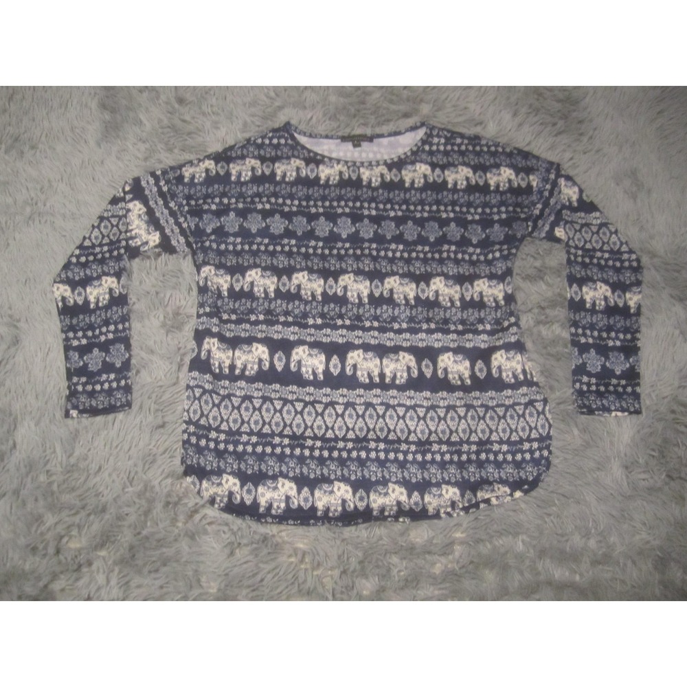 Signature Studio Shirt Womens Small Blue Elephant Print Long Sleeve Tunic Top